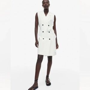 H&M White Linen-blend Tie-belt Lined Dress